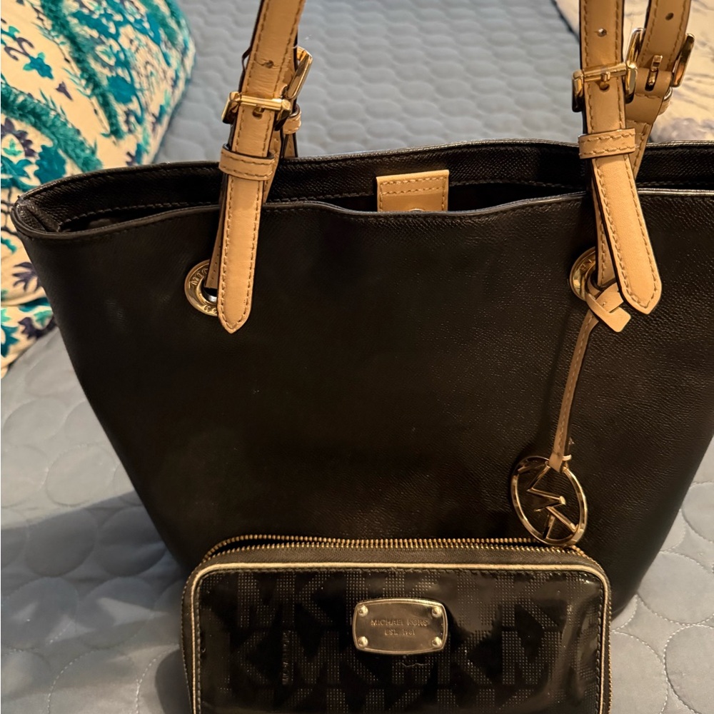 Michael Kors Black Tote with Tan Straps and Logo Charm